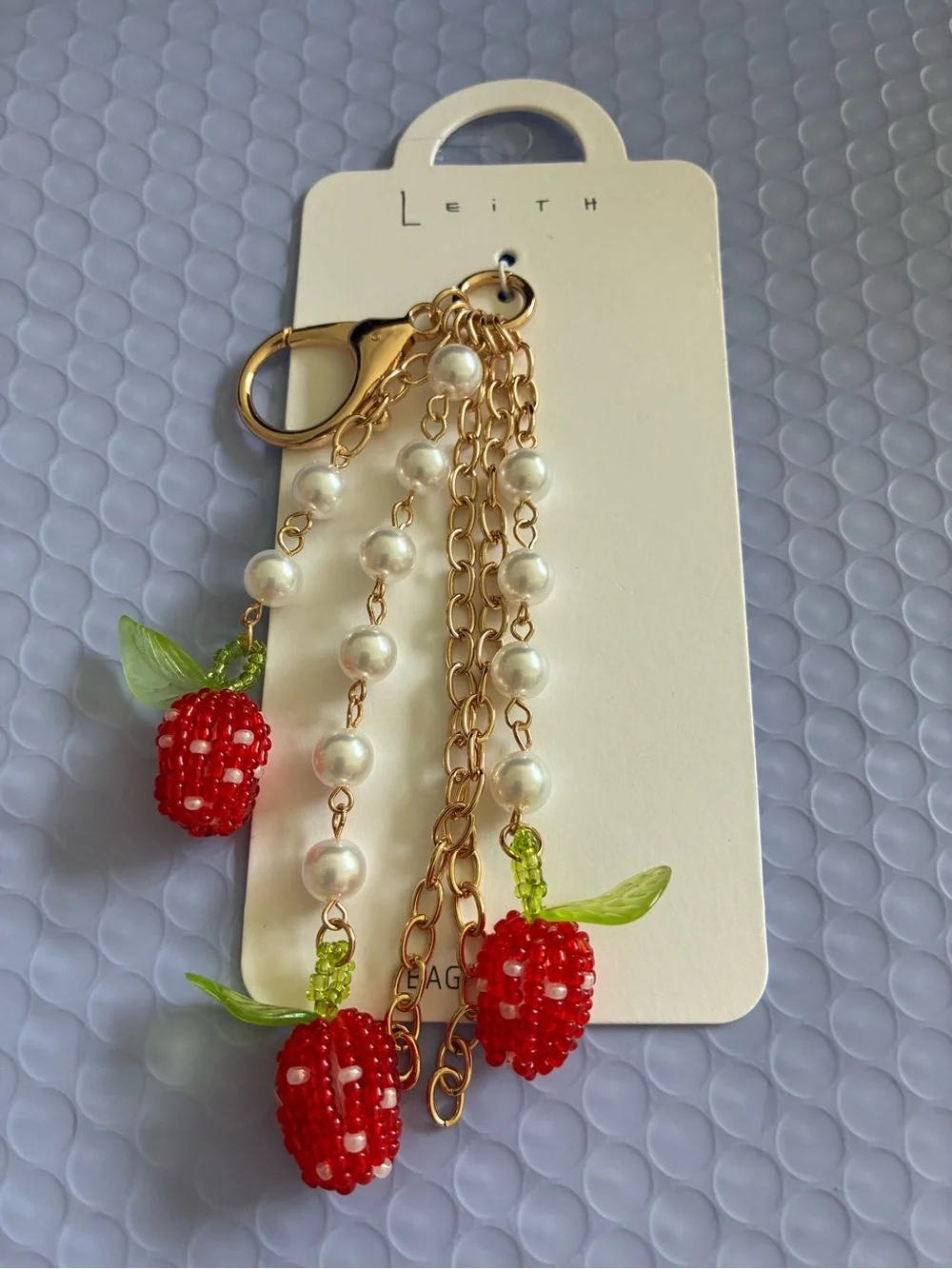 Leith Red Beaded Strawberry Charm Keychain for bags or keys .